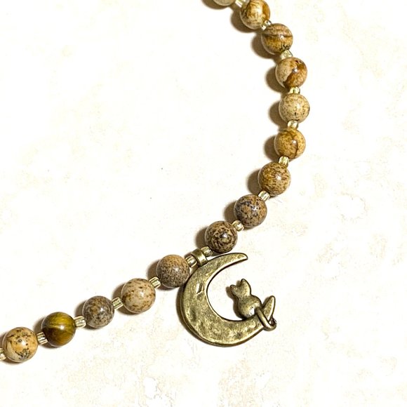 Jasper Stone Bronze Cat on the Moon Necklace, Genuine Gemstone Beaded Necklace - Picture 6 of 10